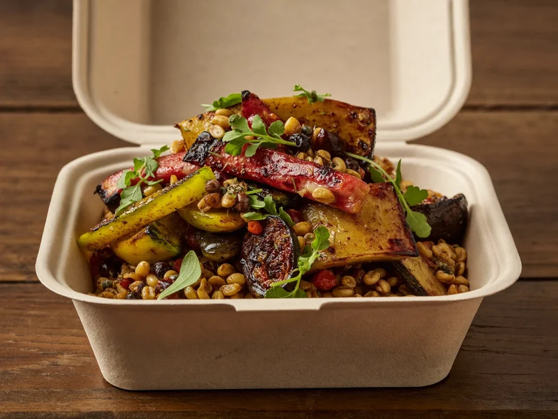 Warme Bowl mit geröstetem Gemüse, Getreide und Kräutern in schlichter Schale