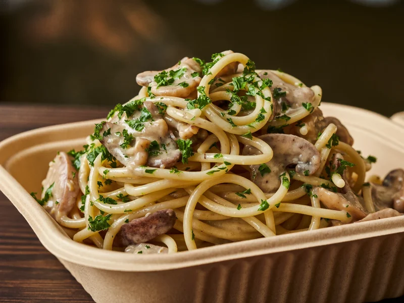 Cremige Pilz-Pasta mit Petersilie in kompostierbarer Verpackung, warm ausgeleuchtet